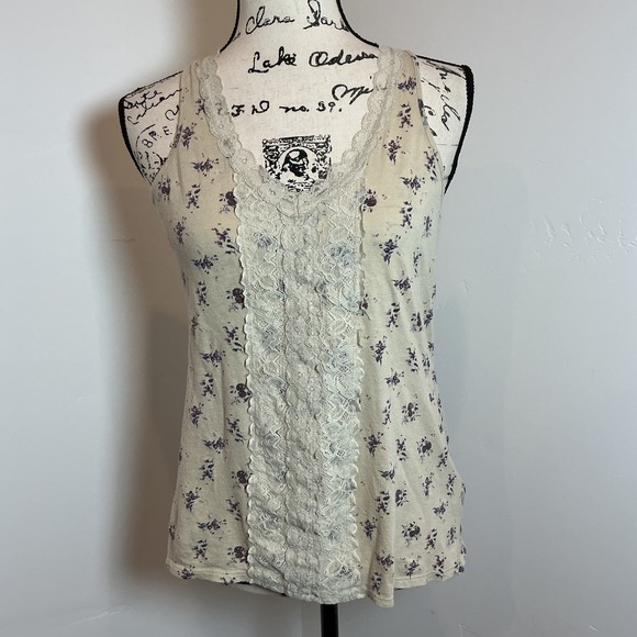 Decree Tops - Decree Floral Lace Trim Tank Top Ivory Purple Cottagecore Y2K Size M‎